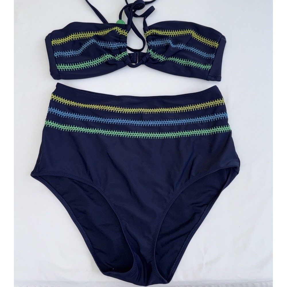 Aerie 2 Piece Navy Embroidered Bandeau Bikini Top M Bottoms L